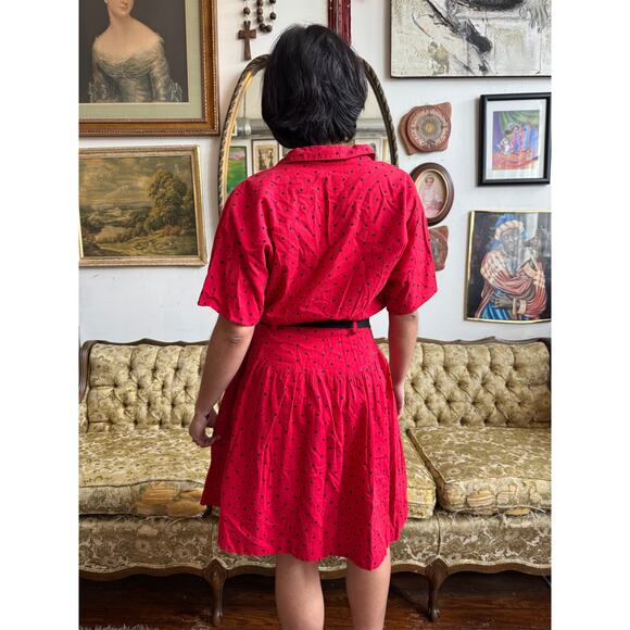 80s Vintage Red and Black Polka Dot Belted Dress Size Small - Picture 5 of 8